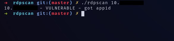RDP scan results showing Bluekeep vulnerability